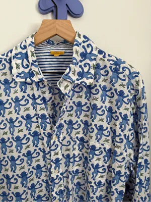 Roller Rabbit XL PJ Monkey Button Up Long Sleeve Shirt Blue Cotton Lounge White thumbnail 5