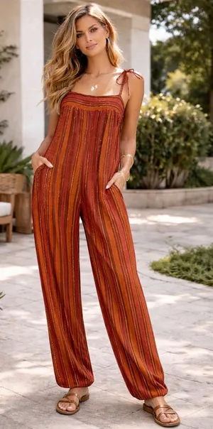 Free People Harem Lurex Jumpsuit Metallic Rust Stripe M Boho Coachella‎ Festival thumbnail 1