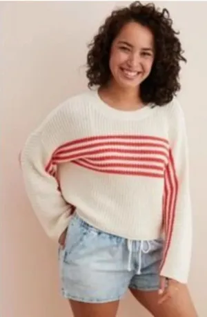 Aerie Women's Size XS Striped Pullover Sweater‎ Cream Red Stripes FLAWED thumbnail 1