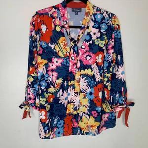 Modcloth Bright Floral Tie Neck Blouse Sz Medium thumbnail 5