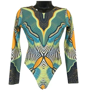 Long-Sleeve Abstract Print Women’s Swimsuit in Teal & Mustard thumbnail 1