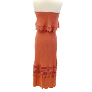 Daytrip Womens XS Strapless Crochet Maxi‎ Dress Rust Orange Gauzy Bohemian Beach thumbnail 3