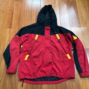 L.L. Bean Rain Jacket Womens Red Black Colorblock‎ Hooded Mesh Lined Large thumbnail 1