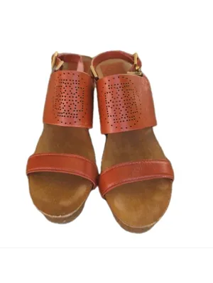 Tory Burch Womens Orange Gold Leather Wooden Wedge Sandals Size 9 Boho Preppy thumbnail 8