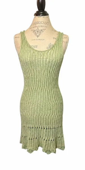 Cecilia Prado Due Sage Green Gold Open Knit Sleeveless Cover Up Dress Sz L thumbnail 1