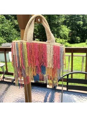Beaded Multicolor Cream Fringe Bag Viral Beaded Statement Bag Marshall's NWT thumbnail 3
