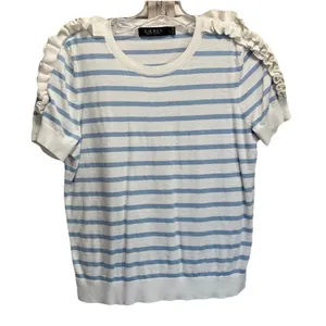 Lauren Ralph Lauren Knit Sweater‎ Short Sleeve Size L Blue/White Striped Ruffles thumbnail 1