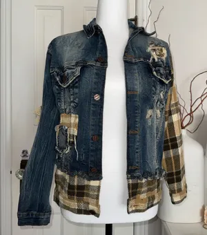 Distressed Patchwork Denim Jacket Blue Size XS thumbnail 1