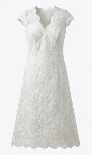 White Lace Wedding Gown Size 18 with Cinch Buttons Short Train Hem Scallop thumbnail 1