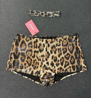 Edikted Gold and Black Leopard Sequin mini shorts with Matching Headband thumbnail 1