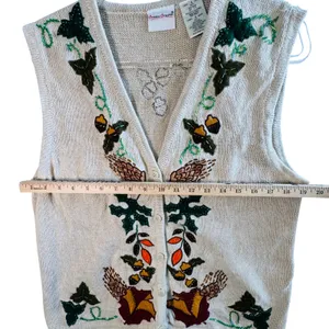 Vtg Bobbie Brooks Sweater Vest Embroidered Fall Harvest Acorn Nature Ramie Tan L thumbnail 5