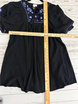 Blue Rain Women’s XXS Black Embroidered Floral Boho Mini Dress Bell Sleeve thumbnail 9