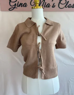 Double Zero Spicy Small Brown Short Sleeve Knit Cardigan with Tie Closures thumbnail 1
