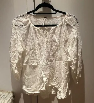 Free People Sz XS Lace Panel Rayon Peasant Blouse Tie Front White Boho Peasant thumbnail 1