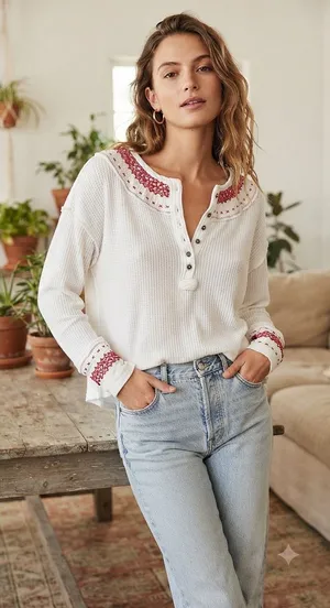 Free People We The Free White Waffle Knit Henley Top Red Embroidery Small thumbnail 1