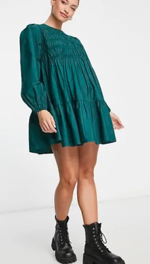 Asos Womens Cotton Shirred Mini Smocked Dress Green 6/Medium thumbnail 1