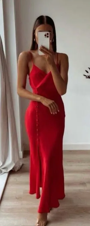 PRE-OWNED Zara Red Satin Lingerie Style V-Neck Slit Midi Dress XS 8116/845/600 thumbnail 1