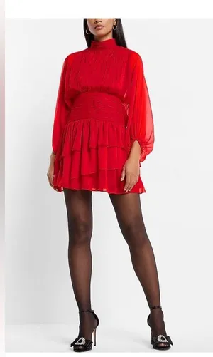 Express mock neck long sleeve ruffle mini dress thumbnail 2