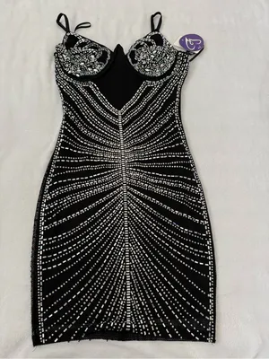Windsor Rhinestone Bodycon Mini Dress NWT Black Glam Party Size S thumbnail 2