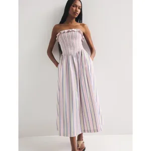ABERCROMBIE & FITCH Sydney Smocked Strapless Midi Dress Purple Stripe Size XXS thumbnail 3