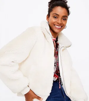 Ann Taylor LOFT Sherpa Teddy Fleece Bomber Jacket Medium Cozy Warm Fuzzy thumbnail 1
