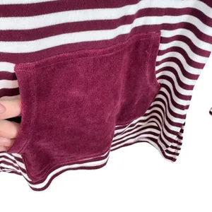 Denim‎ & Co Burgundy Cream Striped Cowl Hooded Knit Velour Pullover Top Medium thumbnail 3