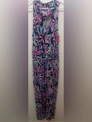 Lilly Pulitzer Navy Tropical-Print Halter Jumpsuit with Pink Accents thumbnail 6