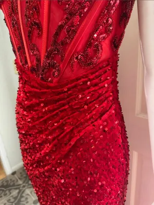 Unbranded Off shoulder Beaded Corset Slit Red Sequin Ruched Evening Gown Sz 6 A thumbnail 7