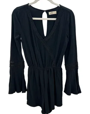 Hollister Black Long‎ Sleeve Romper V-Neck Crochet Trim Bell Sleeves Size S Boho thumbnail 1