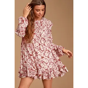 Free People Mini Dress These Dreams L Red Tea Floral Pleated Ruffle Cottagecore thumbnail 2