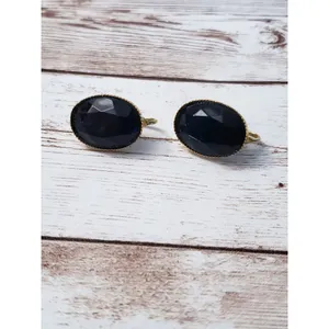 Vintage Clip On Earrings - Black Gem Oval Shape 0.75" thumbnail 2