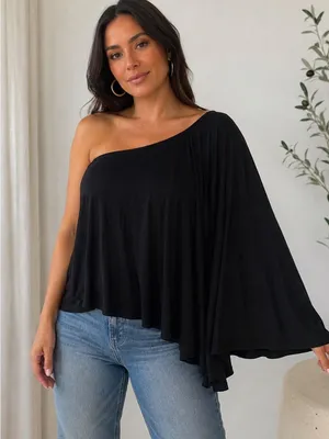 Revolve‎ Alexis One Shoulder Top With Bell Sleeve Black Small Minimalist Elegant thumbnail 1