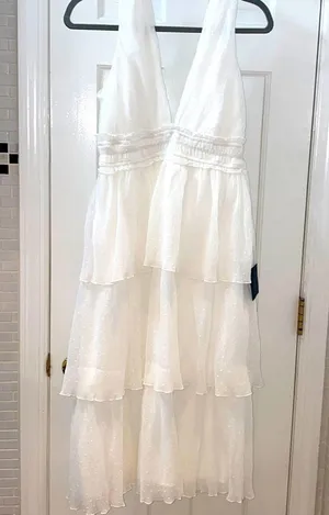 Lulus dreamy mood white Swiss dot tiered midi dress. Polyester. Size Small. thumbnail 10