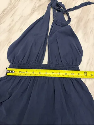 Navy Blue Halter Mini Dress Tiered Smocked Keyhole Backless thumbnail 4