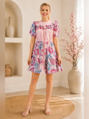 Gigio Pink Floral Ruffle Puff Sleeve Dress Size Small thumbnail 5