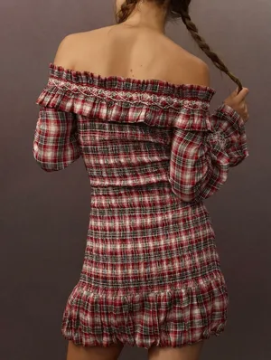 Pilcro Smocked Plaid Mini Dress, Size L thumbnail 6