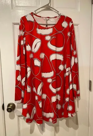 Boutique Meaneor Santa Hats Holiday Long Sleeve Christmas Dress in Red/White - Large NWT thumbnail 2