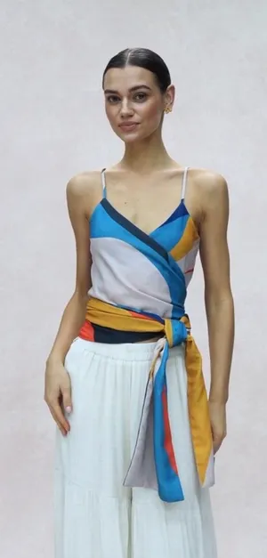 NWT Geometric Print Linen Knotted Ruched Cami Top Size S thumbnail 1