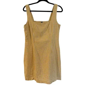 Old Navy yellow gingham plaid linen square neck mini dress large thumbnail 3