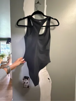 Alo Yoga Sleek Black Asymmetrical back One-Piece Bodysuit thumbnail 2