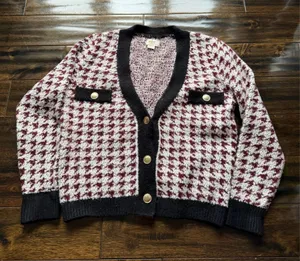 Anthropologie Maeve Burgundy and White Houndstooth Cardigan thumbnail 1
