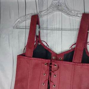 Charmian Renisssnce Red Faux Leather With Boning Corset Top with Zipper And Lace thumbnail 9