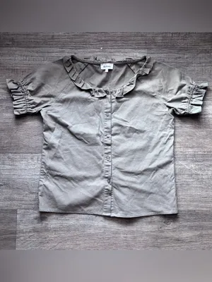 Bohme Linen Blend Ruffle Neckline Short Sleeve Button Down Top Sage Green Large thumbnail 2