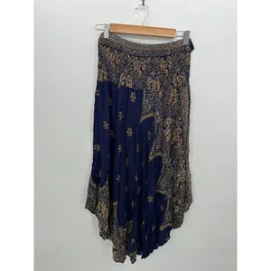 Boho Indie Sleeze Navy Blue Paisley Smocked Waist Handkerchief Hem Skirt L/XL thumbnail 4