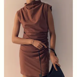 Anthropologie The Maya Linen Blend Ruched Dress Brown Size Small thumbnail 2