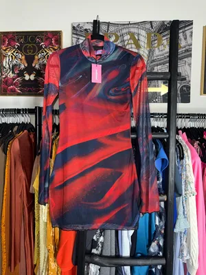 Edikted Sparks Fly Mesh Mini Dress Red Black Swirl Slit Bell Sleeve Medium New thumbnail 5