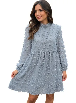 Zara Textured Fringe Circle Applique Babydoll Mini Dress‎ Dusty Blue Small thumbnail 1