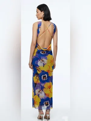Zara Vibrant Floral Print Mesh Maxi Dress Criss Cross Open Back S thumbnail 2