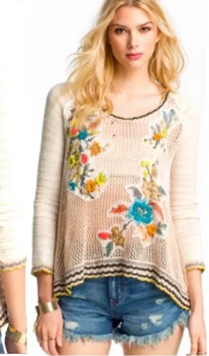 Women's Free People Floral Crochet Hooded Sweater Size S Beige Multicolor thumbnail 1