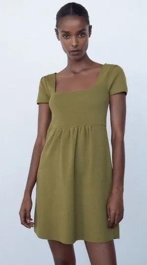 ZARA Squared Mini Babydoll Dress Puff Sleeves Solid Olive Green Knit Small thumbnail 1